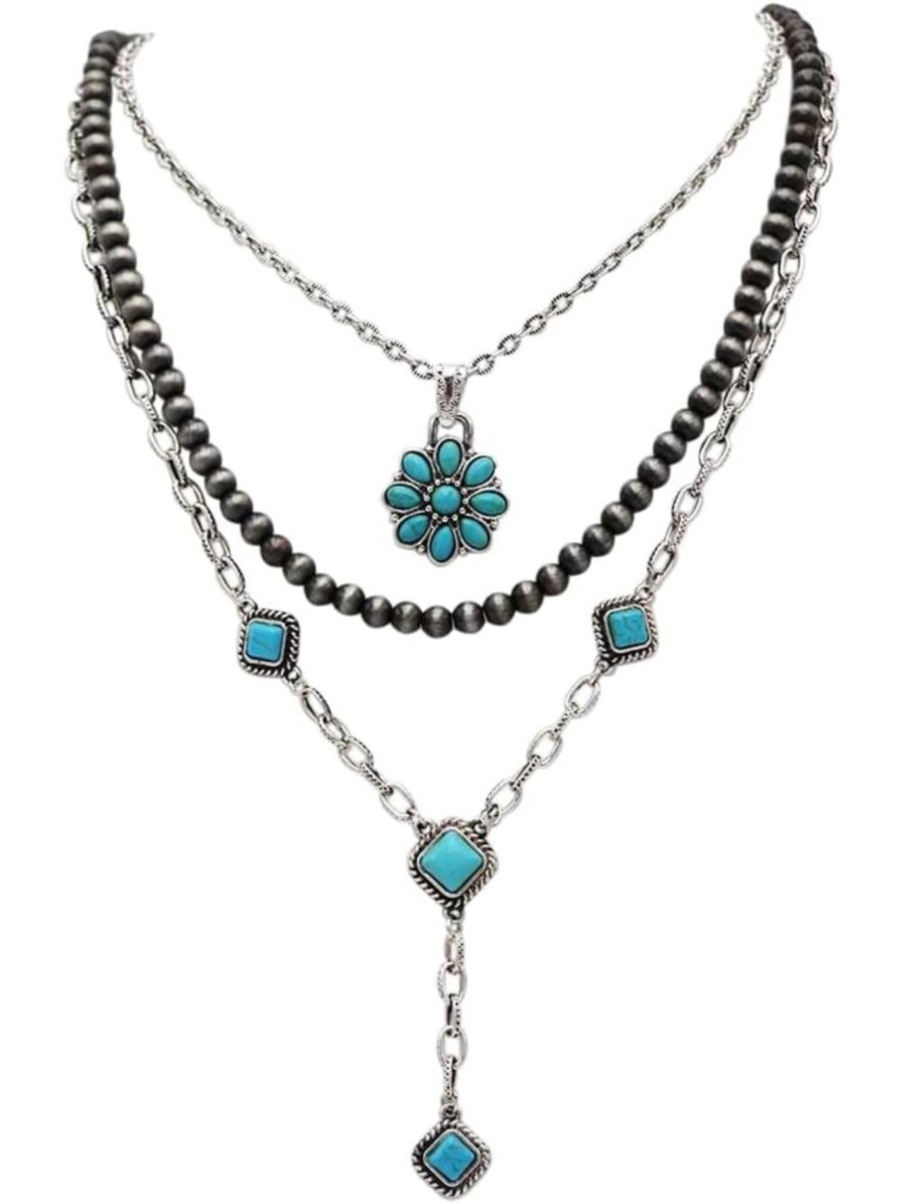 Western Layering Necklace Set - Burnished Silver & Turquoise Howlite, 3-Piece
